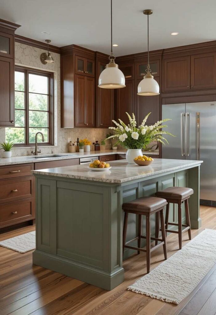  Brown kitchen cabinets with sage green contrasting island
