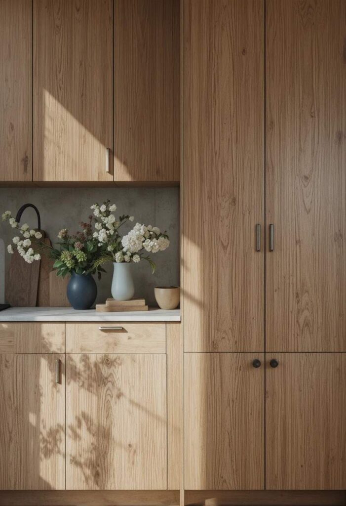 Textured wood grain brown kitchen cabinet fronts
