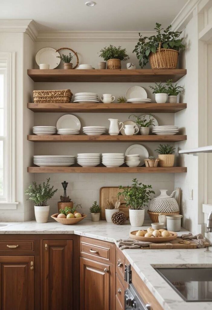Open wood shelving paired with brown kitchen cabinets