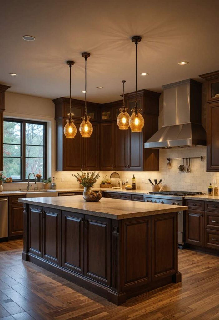  Warm pendant lighting above brown kitchen island cabinets