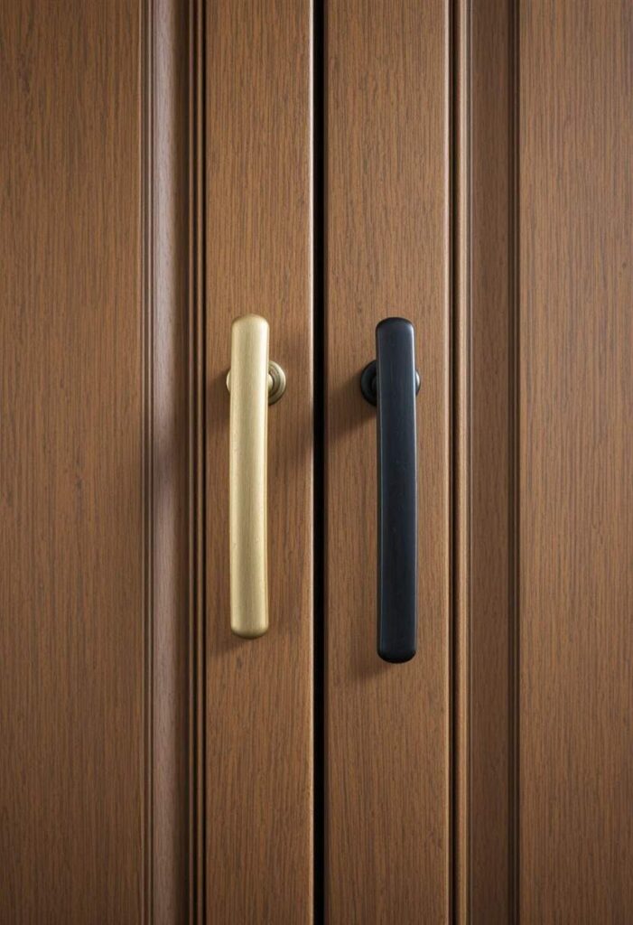  Brass and black hardware options on brown kitchen cabinets
