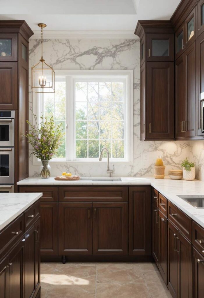  Brown kitchen cabinets with cream marble stone backsplash