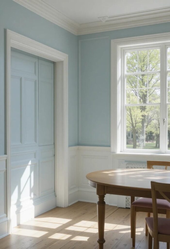 Soft powder blue dining room walls with white trim