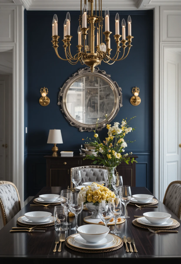 Deep navy accent wall behind dining room table