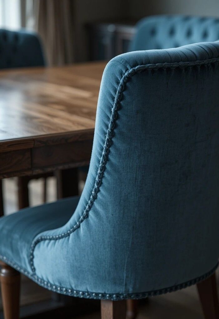 Dusty blue velvet dining chairs around wooden table