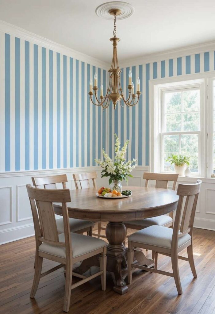 Blue and white striped wallpaper in coastal dining room