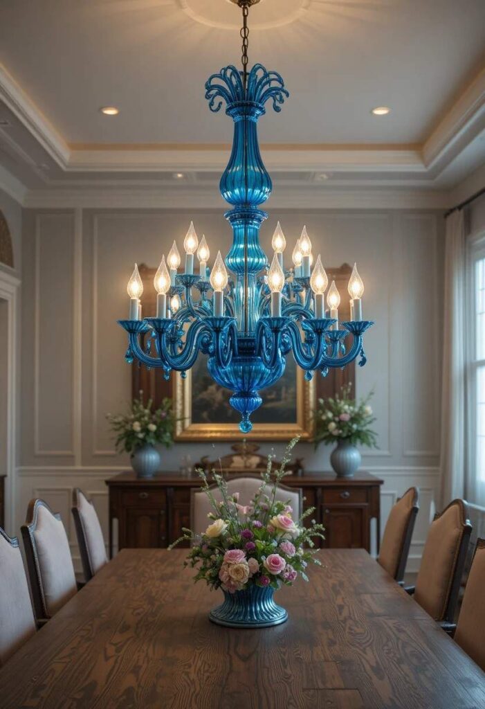 Statement blue glass chandelier above dining table