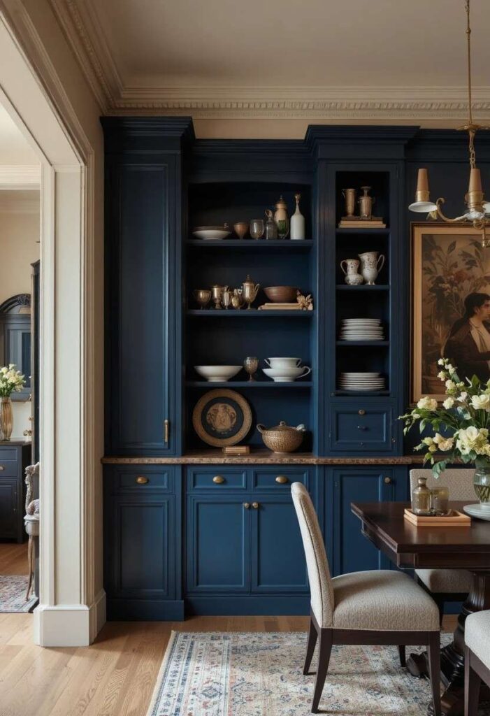 Navy built-in cabinetry with brass hardware in dining room