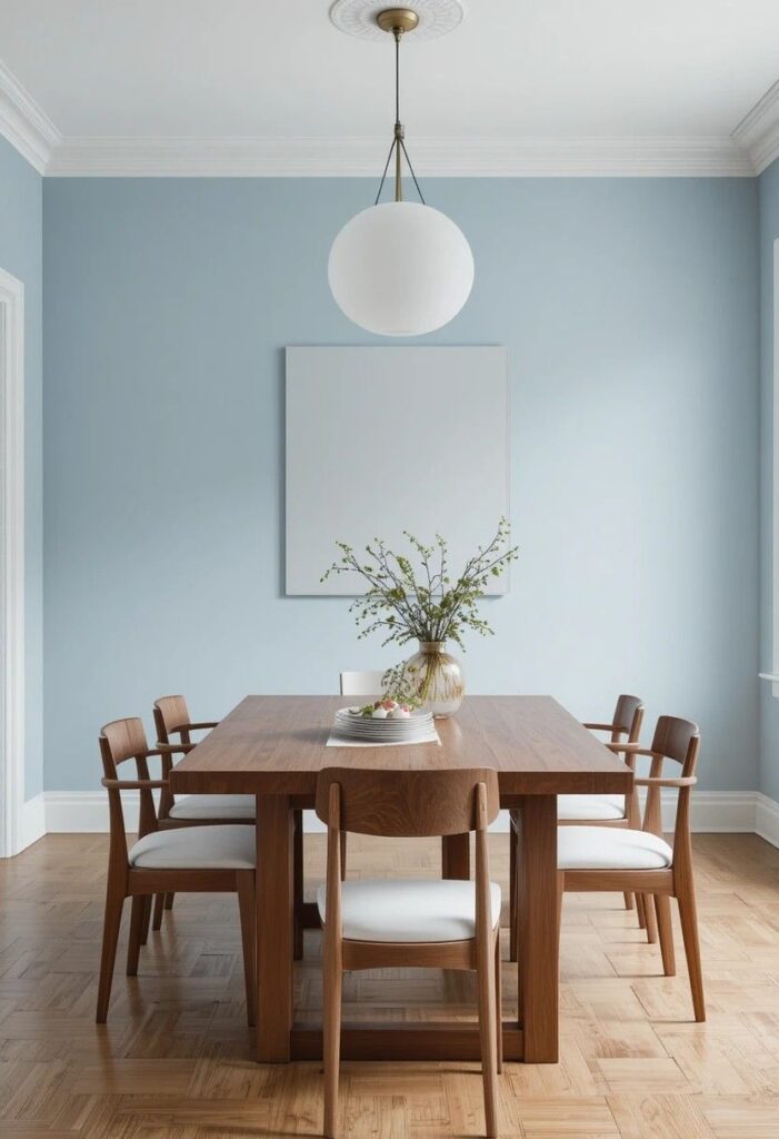 Blue dining room with natural walnut wood table
