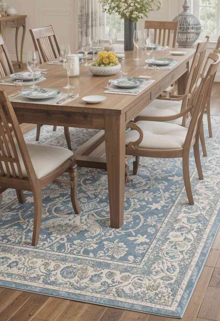 Blue and cream patterned area rug under dining table