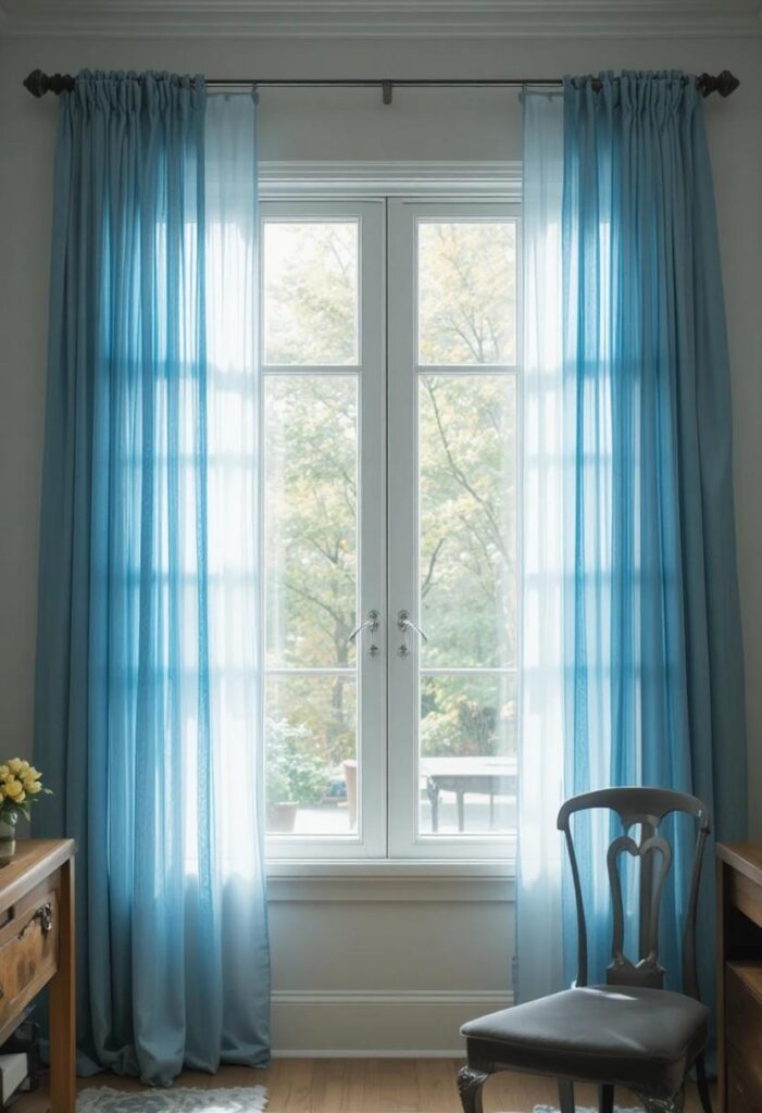 Sheer blue curtains in airy dining room window