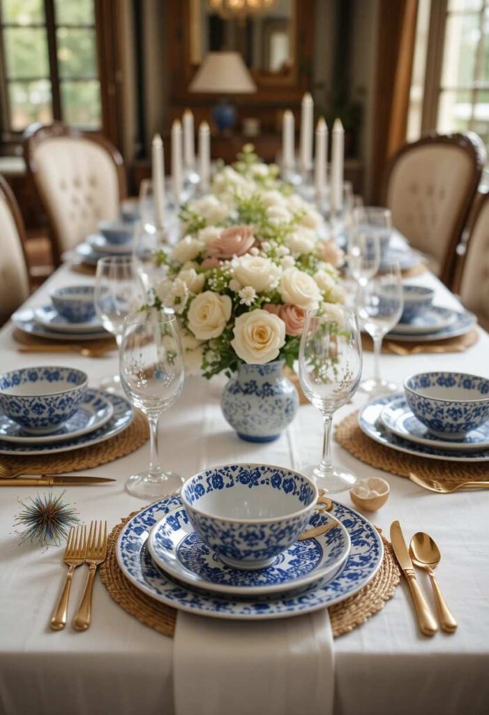 Blue and gold dining table setting with linen napkins