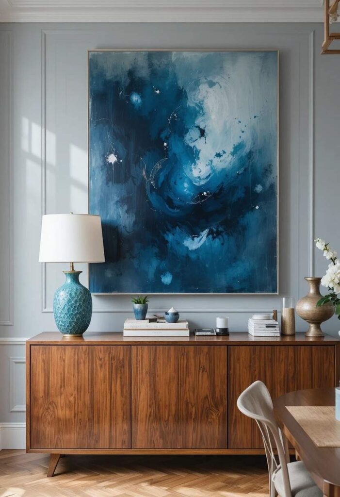 Large abstract blue artwork above dining room buffet