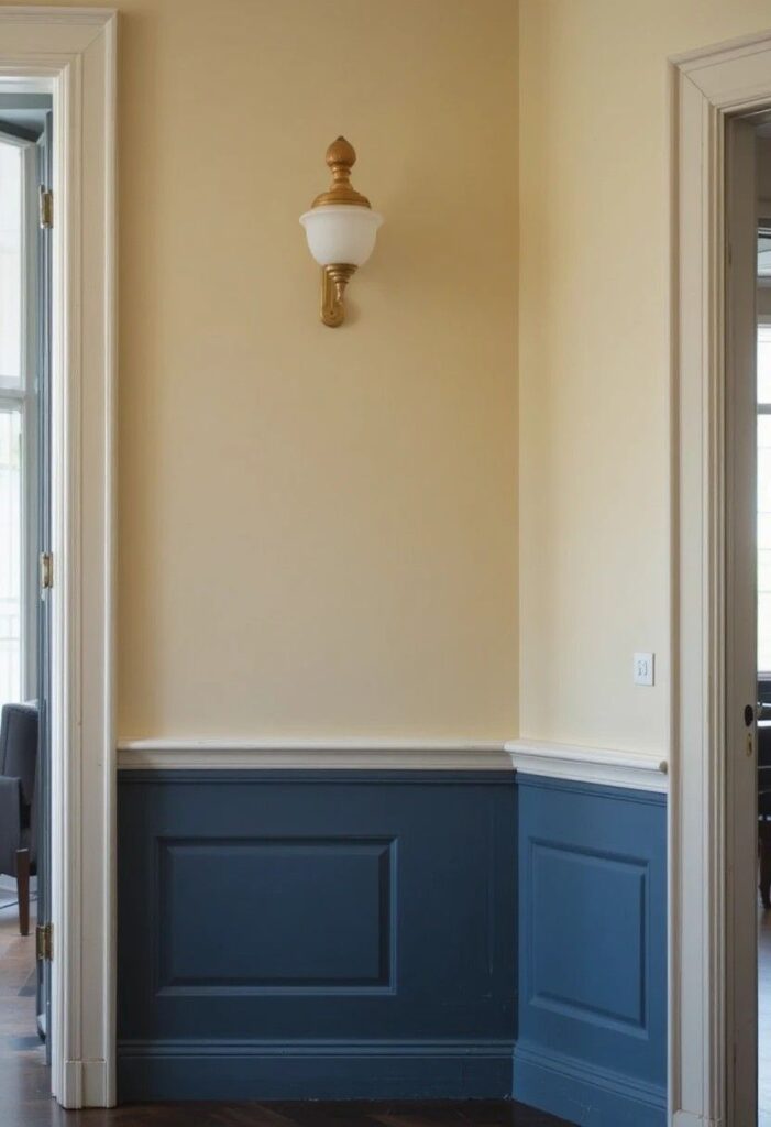 Two toned blue and white dining room wall with chair rail