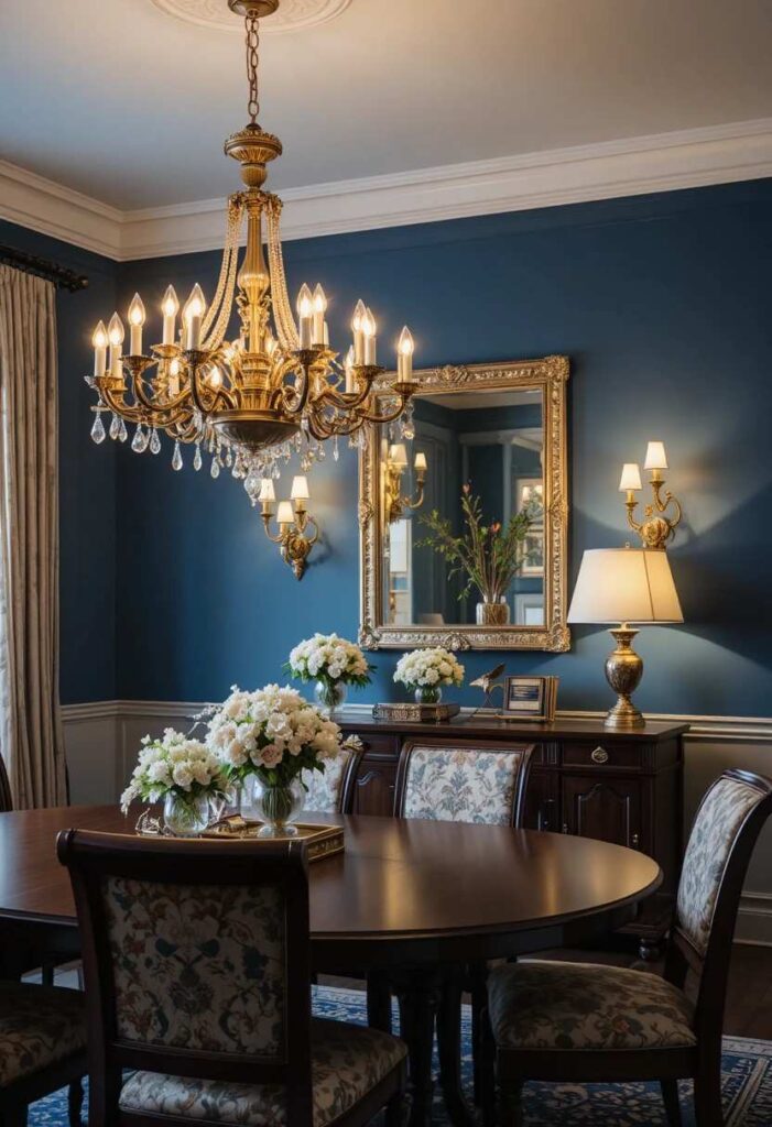 Layered brass lighting fixtures in blue dining room