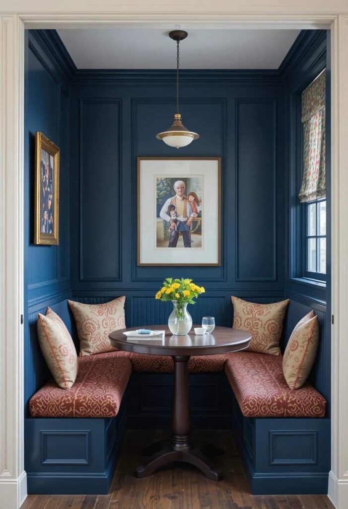 Moody blue dining nook with built-in bench seating