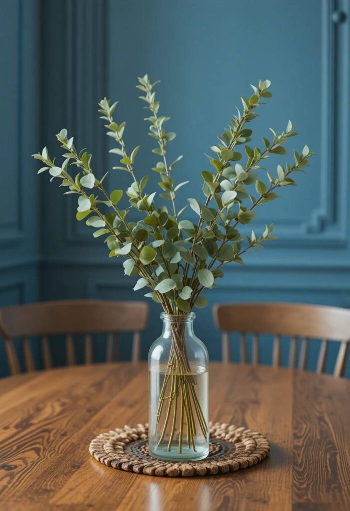 Eucalyptus greenery centerpiece in blue dining room
