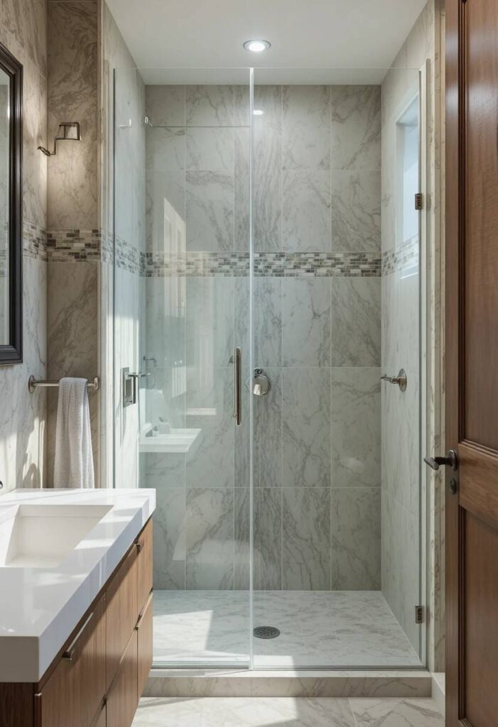 Frameless glass shower door in small modern bathroom