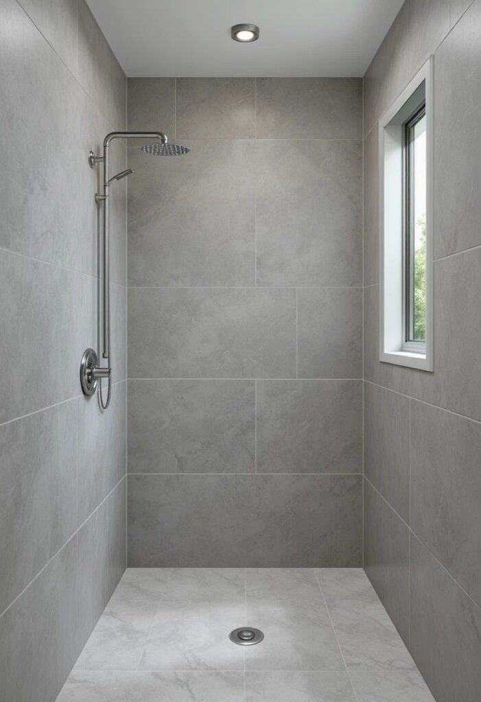 Large format grey tile shower with minimal grout lines