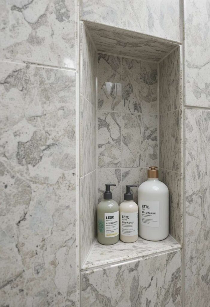Built-in tiled shower niche for organized storage