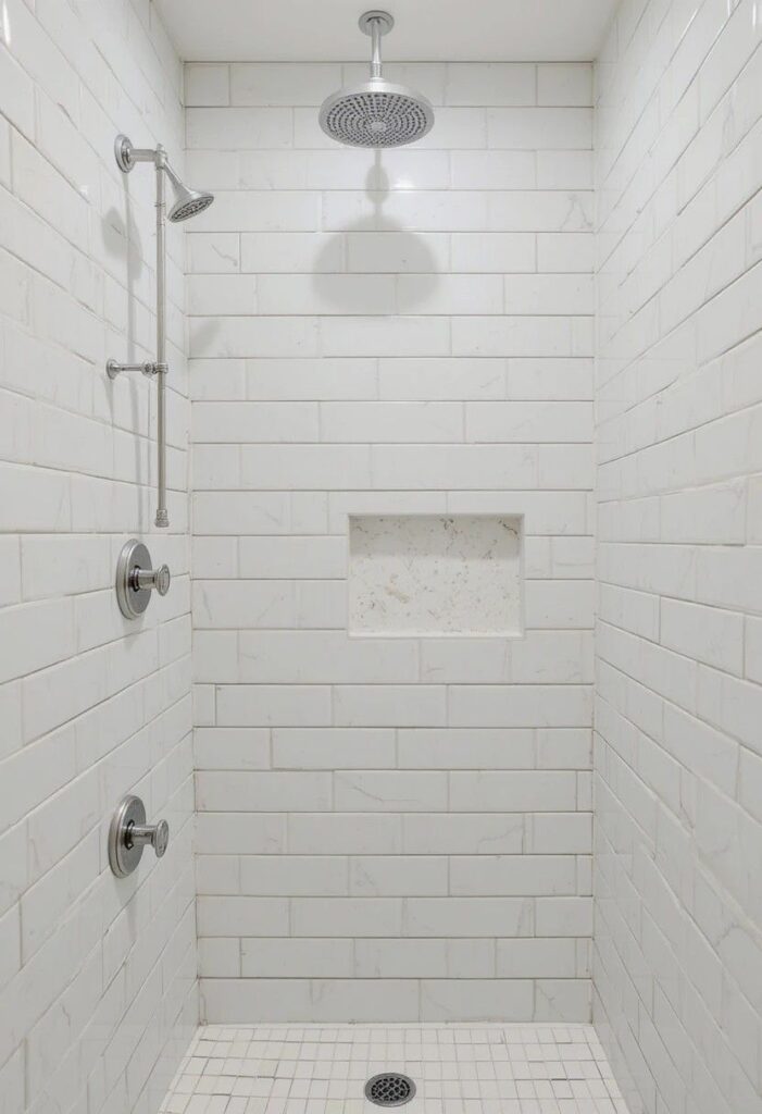 Vertical subway tile pattern in small shower