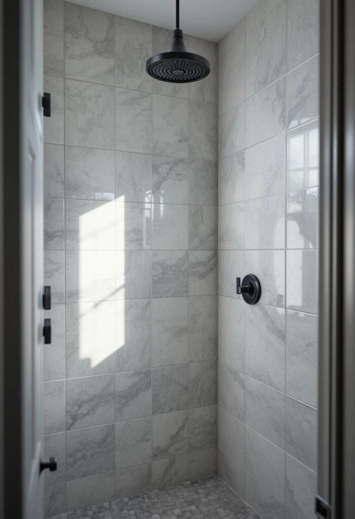 Light and airy white tile small shower design