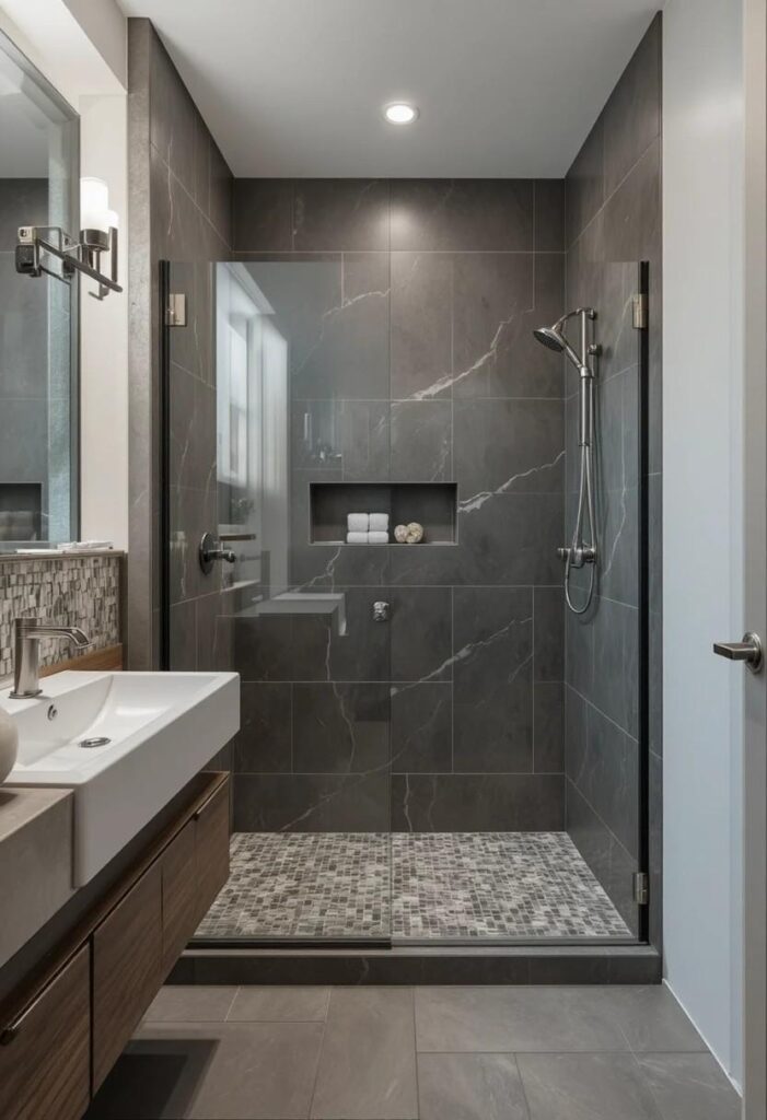 Curbless walk-in shower design in small bathroom
