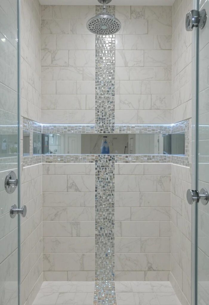 Mirrored glass tile accent strip in small shower