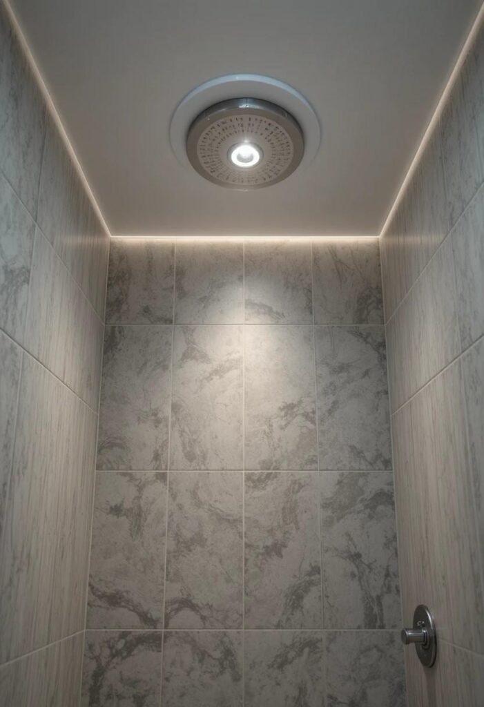 Recessed waterproof lighting above small shower ceiling