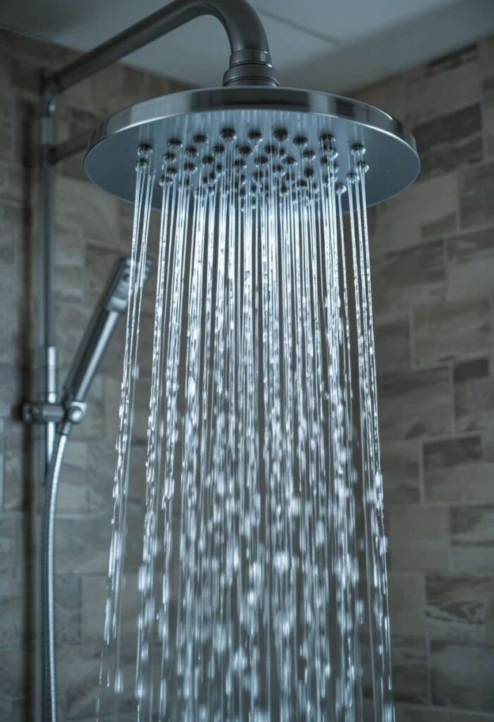 Rainfall shower head with handheld attachment in small shower
