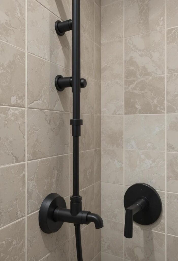 Matte black hardware accents in small shower design