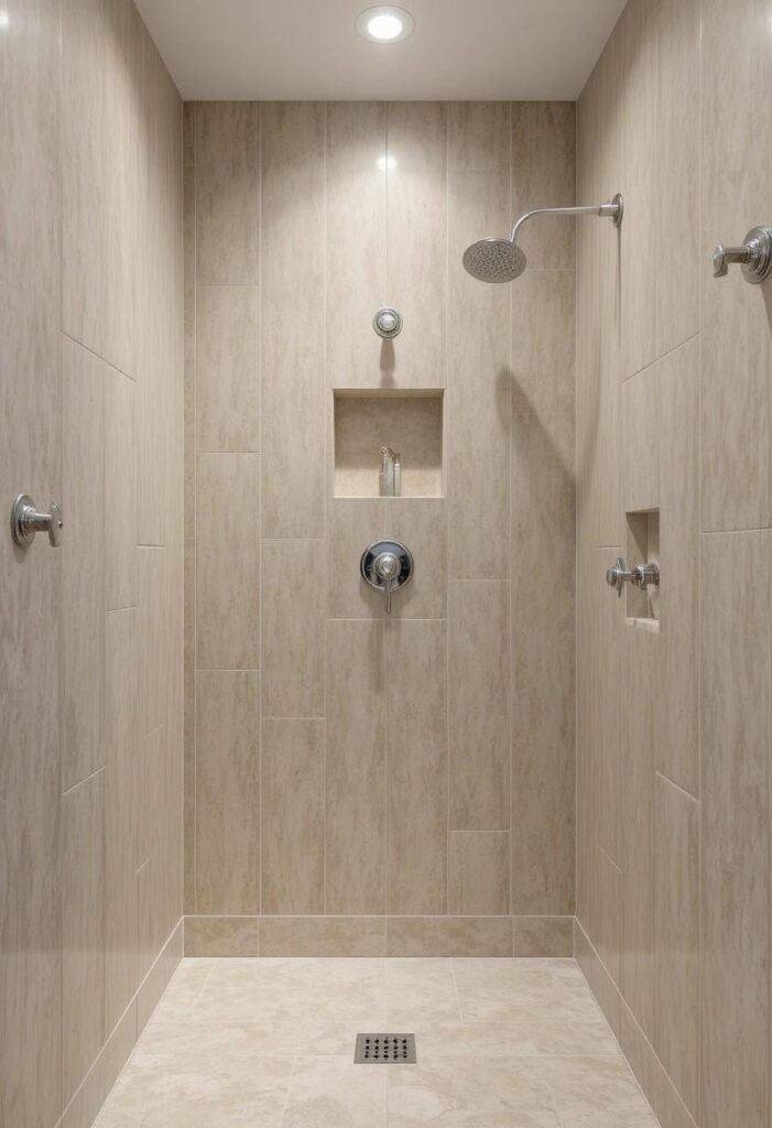 Floor to ceiling tile in small seamless shower design