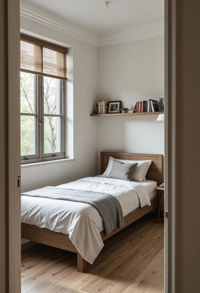 Daybed style twin frame with bolster pillows in small room