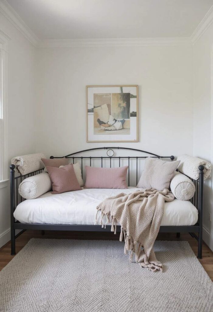 Daybed style twin frame with bolster pillows in small room