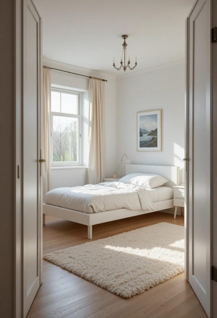 Slim white platform twin bed frame in small bedroom