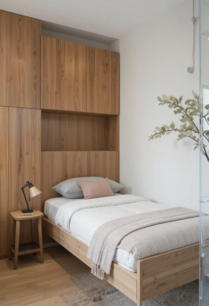 Twin bed floated from wall with narrow side table