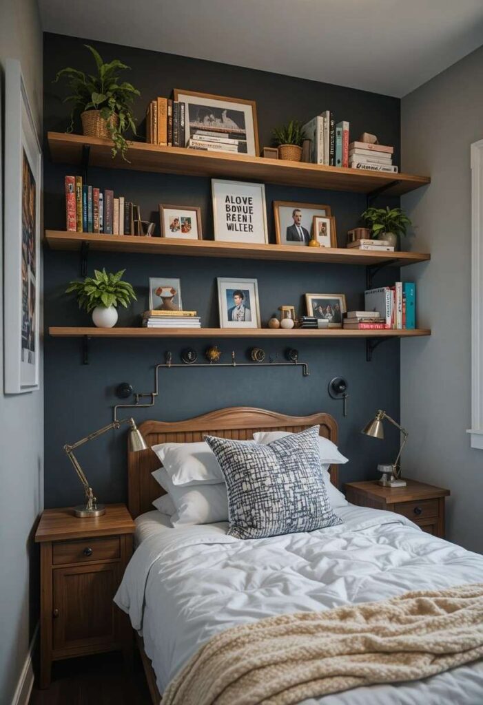 Wall mounted shelving above twin bed in small room