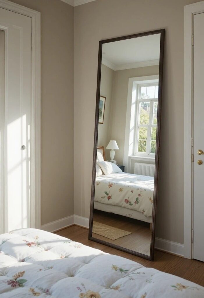 Large leaning mirror expanding small bedroom space