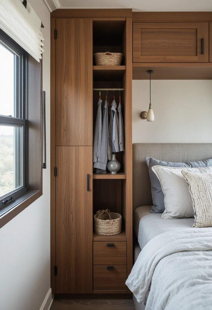 Narrow vertical storage tower beside twin bed