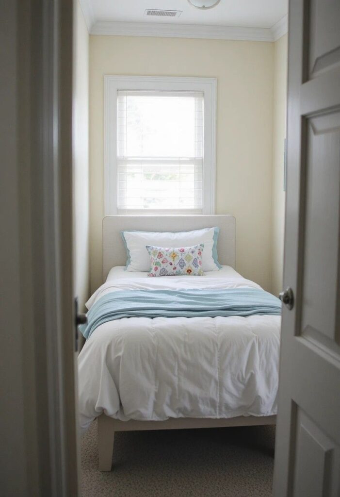Light colored twin bedding and walls in small bedroom