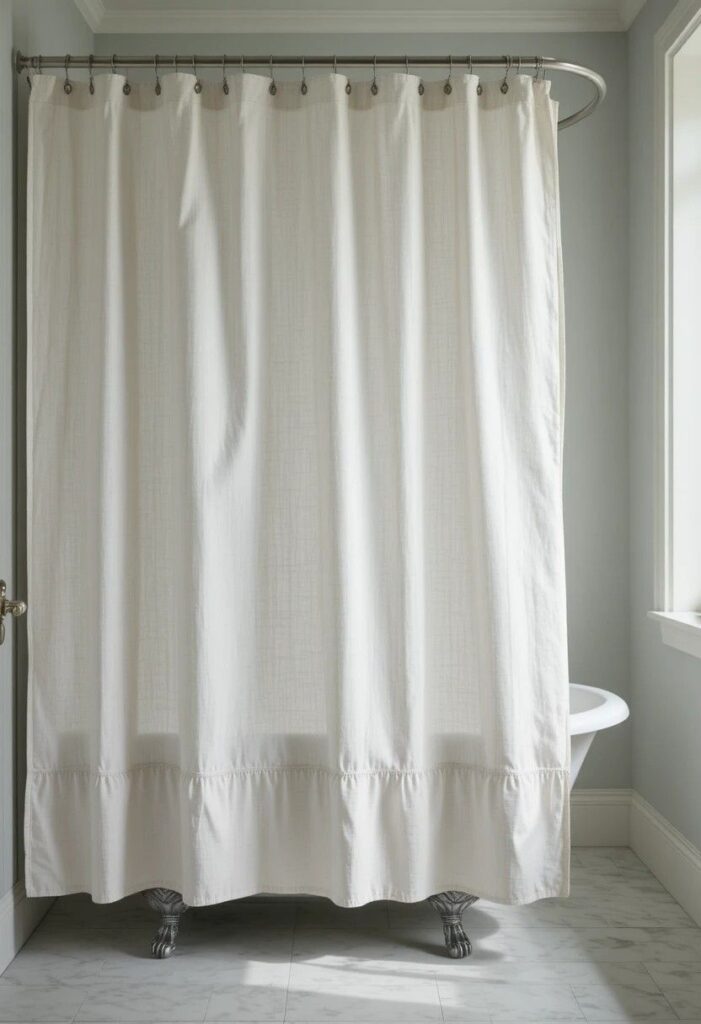 White linen shower curtain in bright bathroom