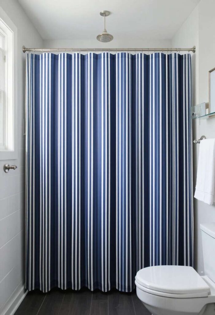 Navy vertical striped shower curtain in modern bathroom