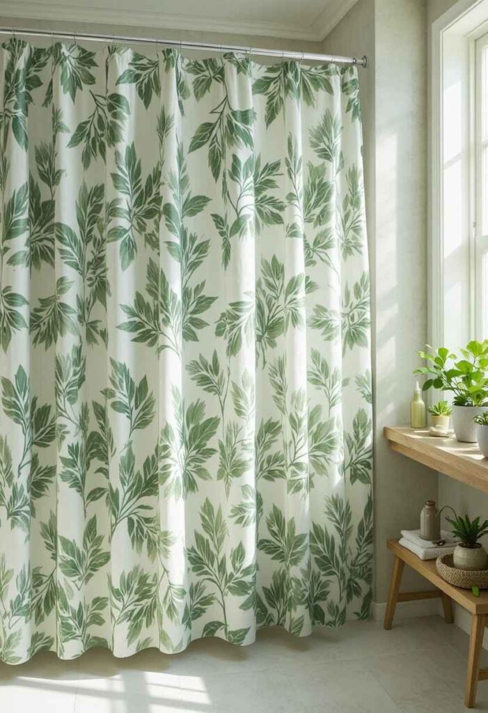 Botanical print shower curtain in spa-like bathroom