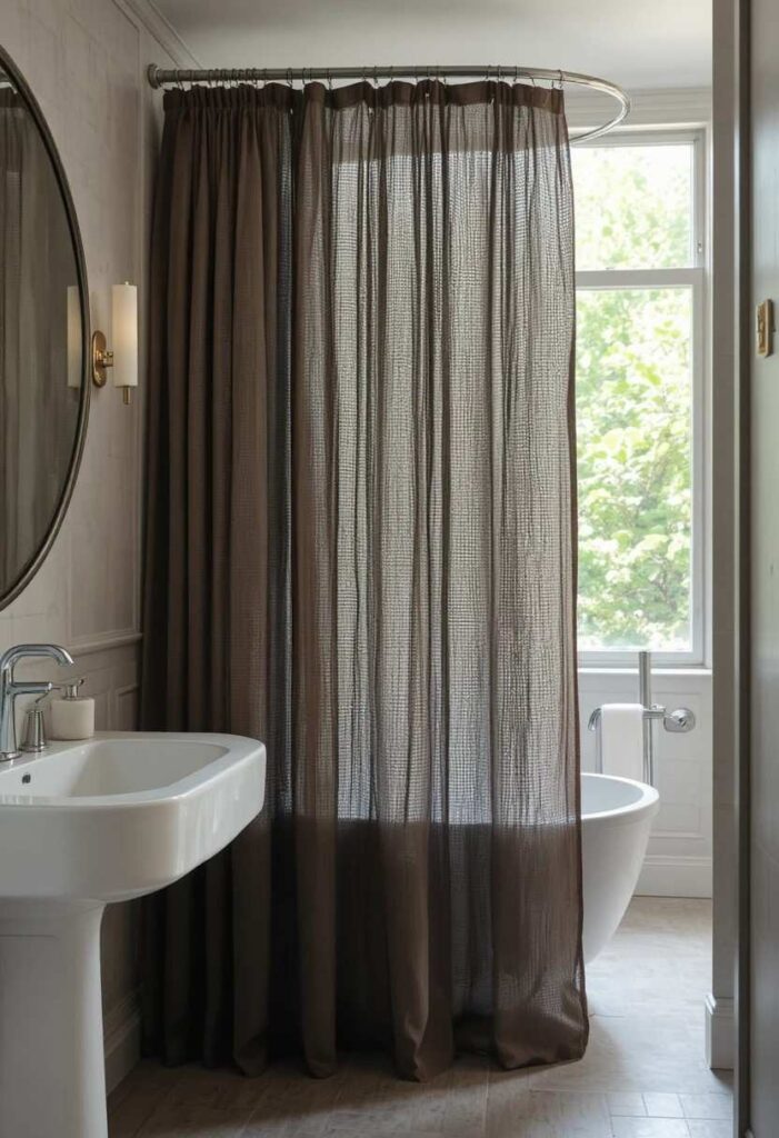Layered sheer shower curtain for boutique hotel feel