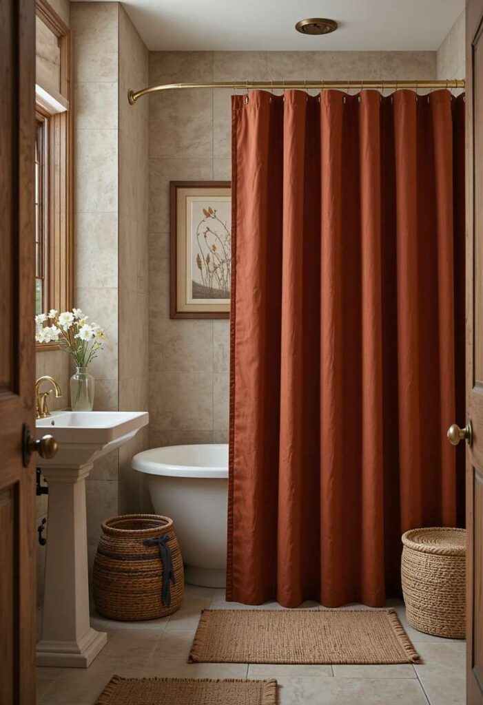 Terracotta rust colored shower curtain bathroom decor