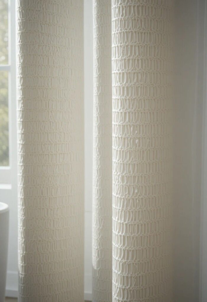 Waffle weave textured white shower curtain detail