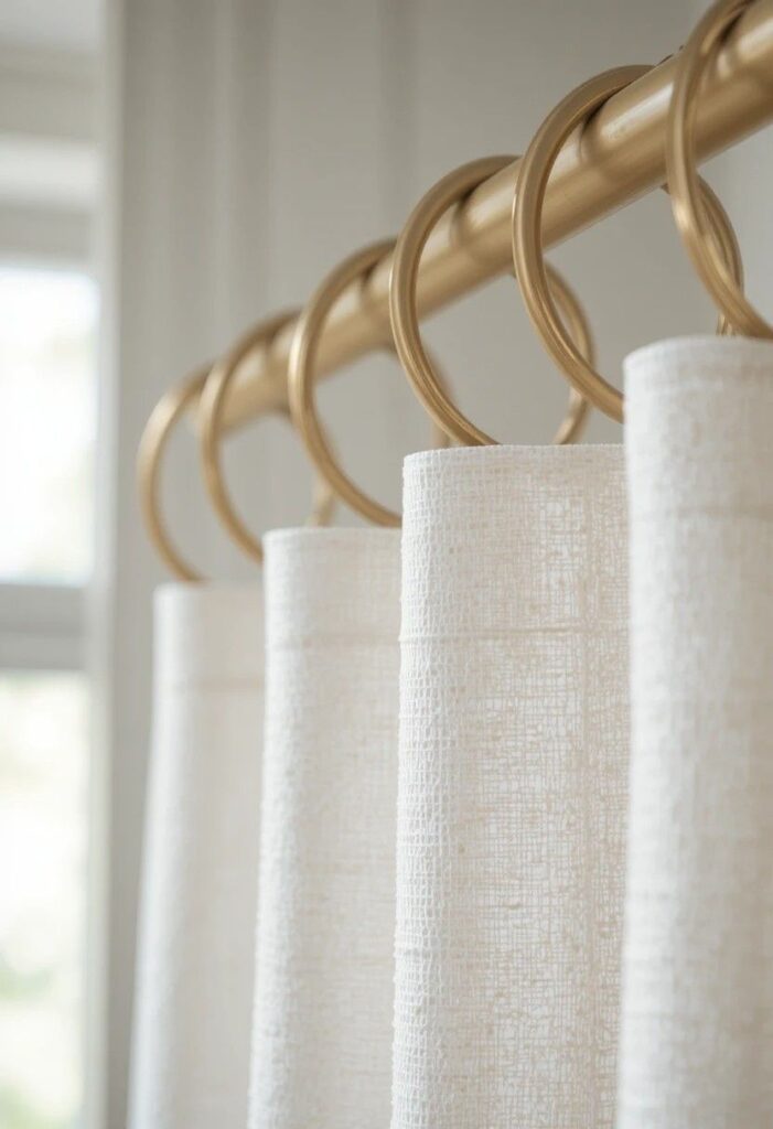 Brass curtain rings on bathroom shower curtain rod