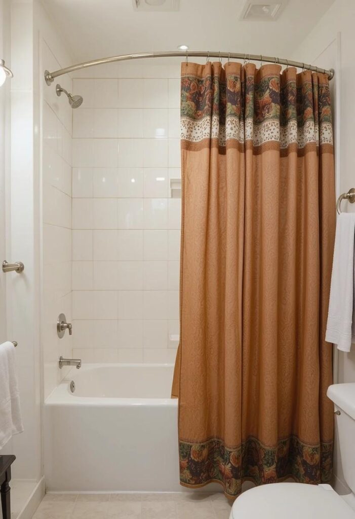 Curved double rod shower curtain setup in bathroom