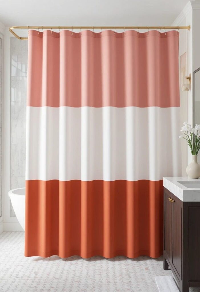 Color blocked shower curtain design in minimalist bathroom