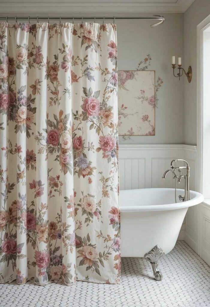 Vintage floral shower curtain with clawfoot tub